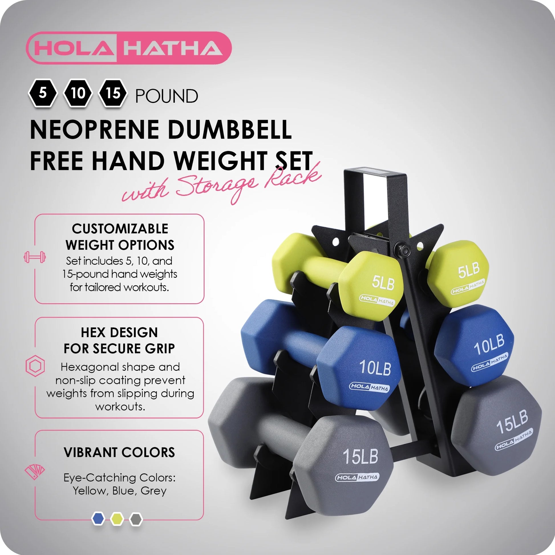 Neoprene Hex Dumbbell Set with Rack - 5, 10, and 15 Pound Weights - 6-Piece Collection