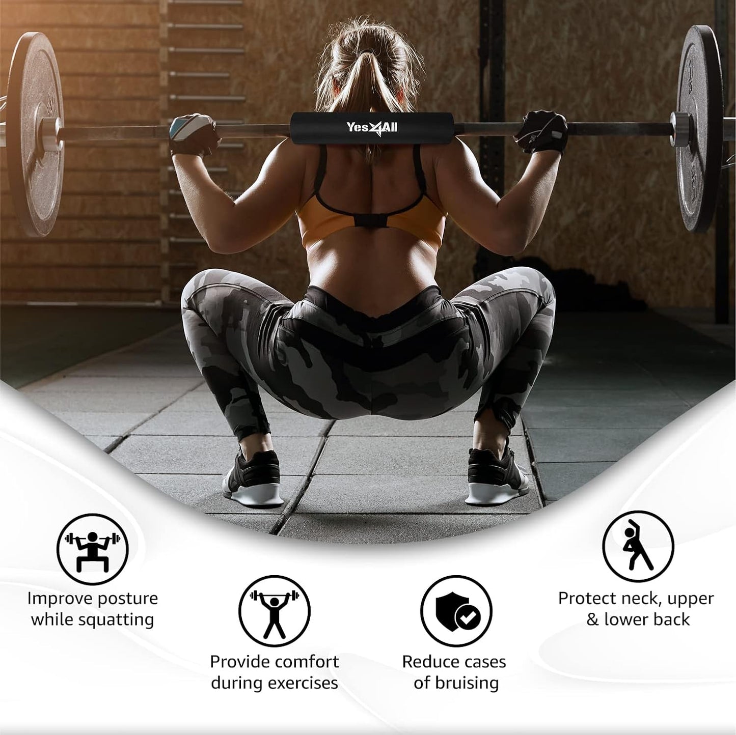 Yes4All Ergonomic Foam Bar Pad for Olympic Barbell Exercises, Including Squats, Hip Thrusts, and Weightlifting